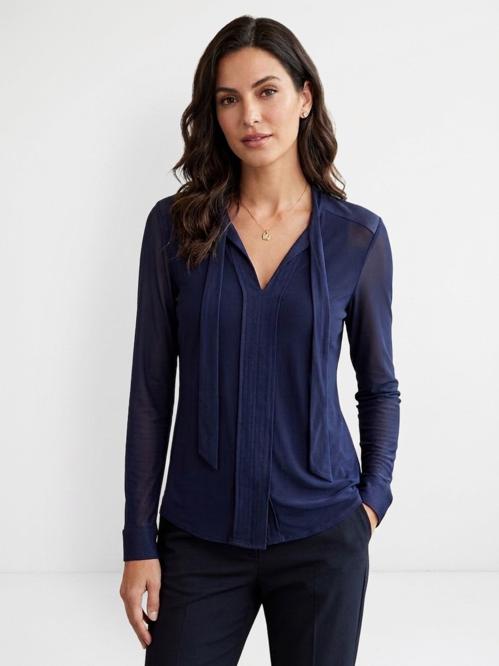 Calvin Klein Navy Tie-Front Long-Sleeve Blouse